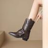 Модные женские сапоги до середины икры с острым носком, однотонные, 2024, высококачественные женские сапоги на толстом каблуке, женские сапоги в британском стиле с толстой подошвой
