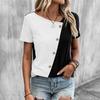 Свободная футболка в стиле кэжуал с контрастной цветовой блокировкой, скошенным вырезом горловины и короткими рукавами для женщин