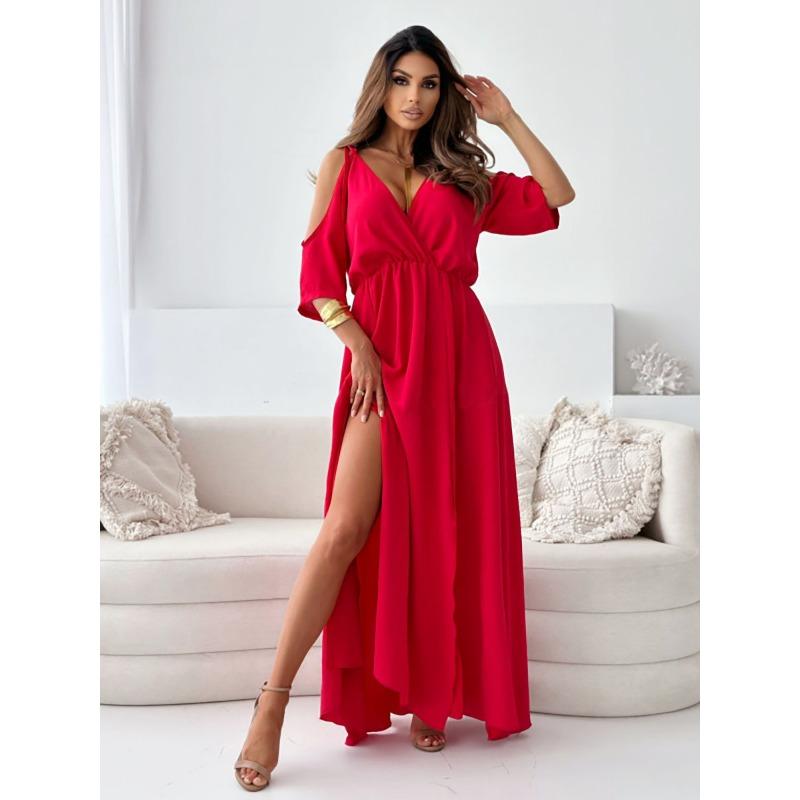 YYFS Women's Fashion Summer Spring Solid Color Print Short Sleeve V-Neck High Waist Casual Dresses