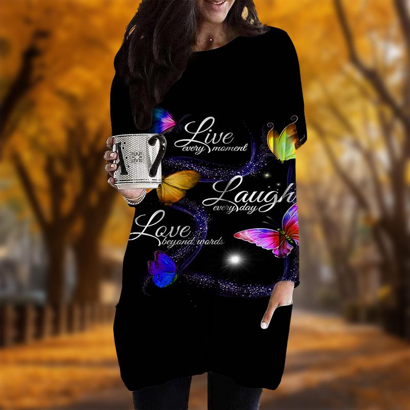 Новинка осени с принтом в виде букв и бабочек, платье больших размеров для женщин с круглым вырезом, длинными рукавами, повседневные платья с карманами