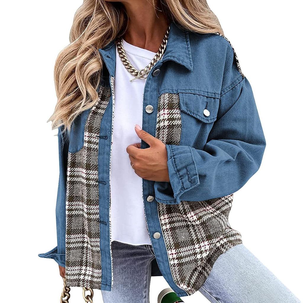 Womens Long Sleeve Denim Jacket Plus Size Basic Lapel Button Down Cropped Casual Jean Jackets Trucker Coats Jacket