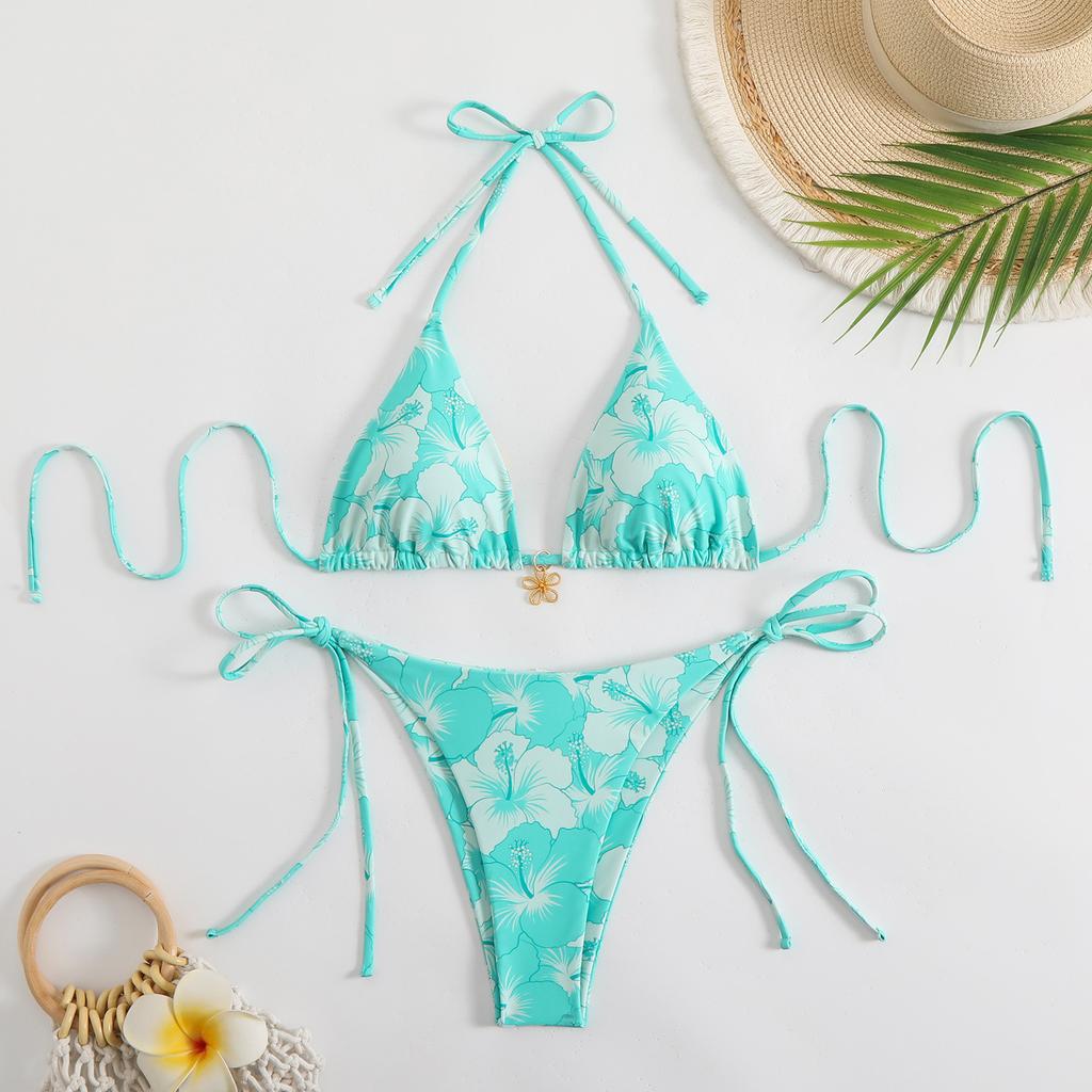 European and American new sexy double-sided bikini, printed neck strap bikini swimsuit women