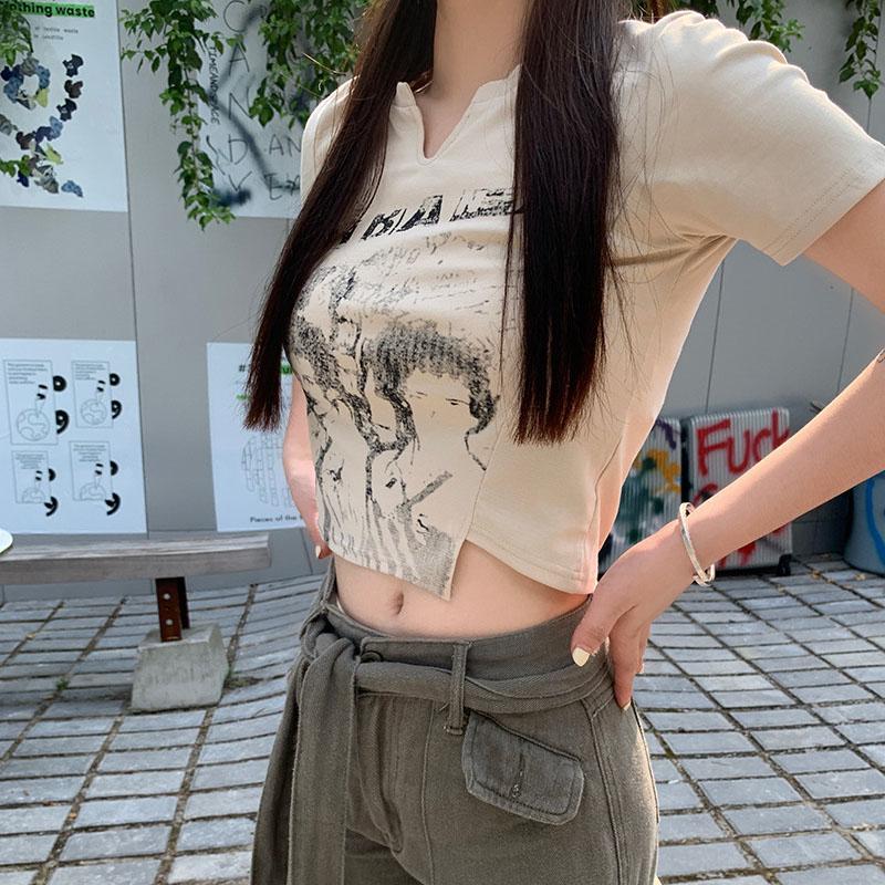 Women Summer Casual Short Sleeve O Neck Printed Bare Midriff T Shirt Crop Top