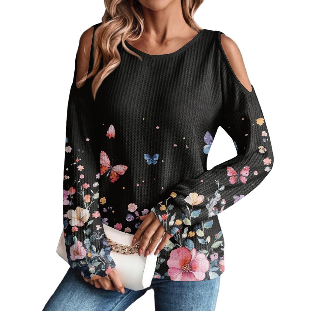 Women's Winter Oversized T-Shirt Fashionable Off-the-Shoulder Round Neck Vintage Floral Print Pullover Long-Sleeved Top