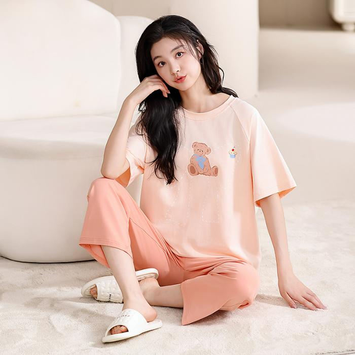 2025 Spring Summer Cotton Pajamas Set for Women Cute Cartoon Print Short Sleeve Tops and Pants Sleepwear Female Casual Loose Pink Pyjamas Homewear