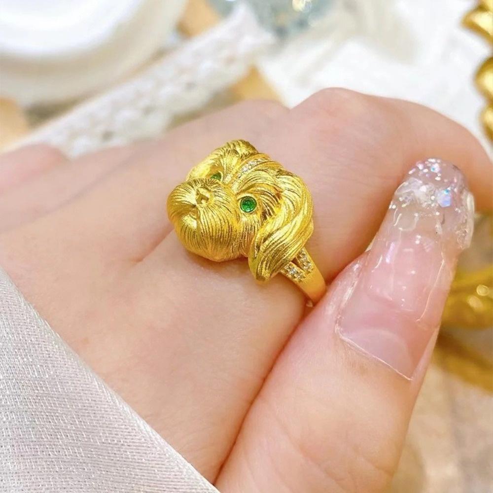Metal Rhinestone Dog Rings Open Mouth Design Fashion Jewelry Cute Cat Ring Work