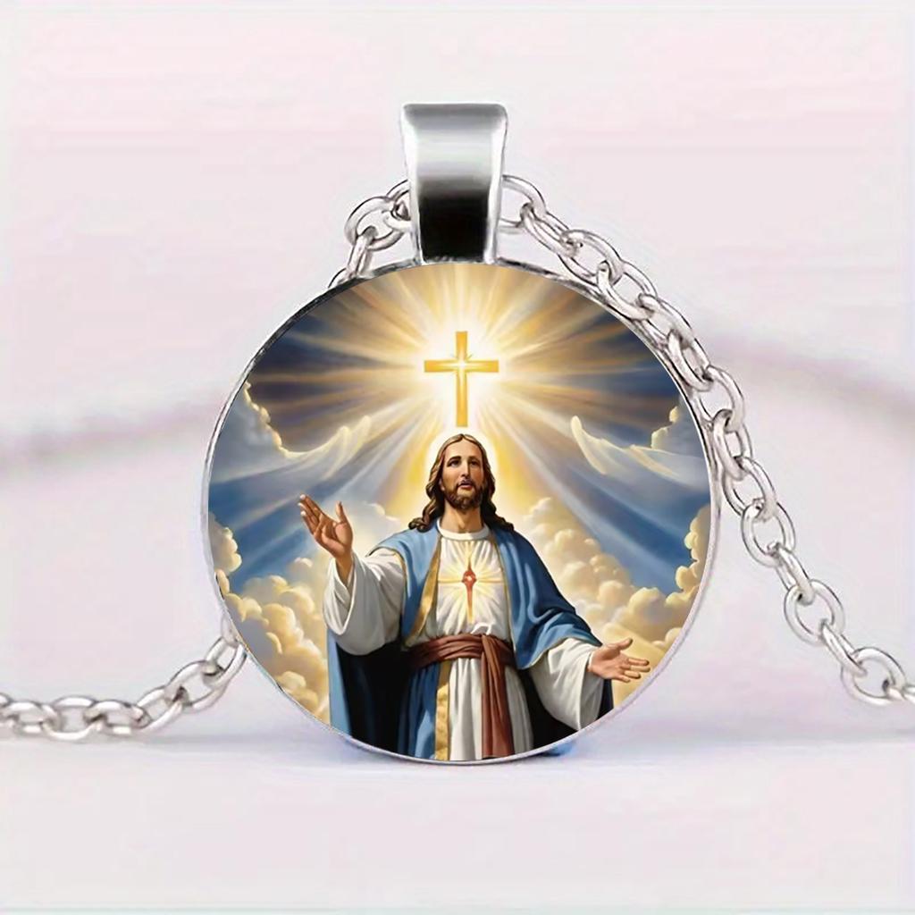 A Jesus Cross Necklace, a Sacred Guardian Necklace of Faith, Glass Pendant, Suitable for Daily Wear for Men and Women