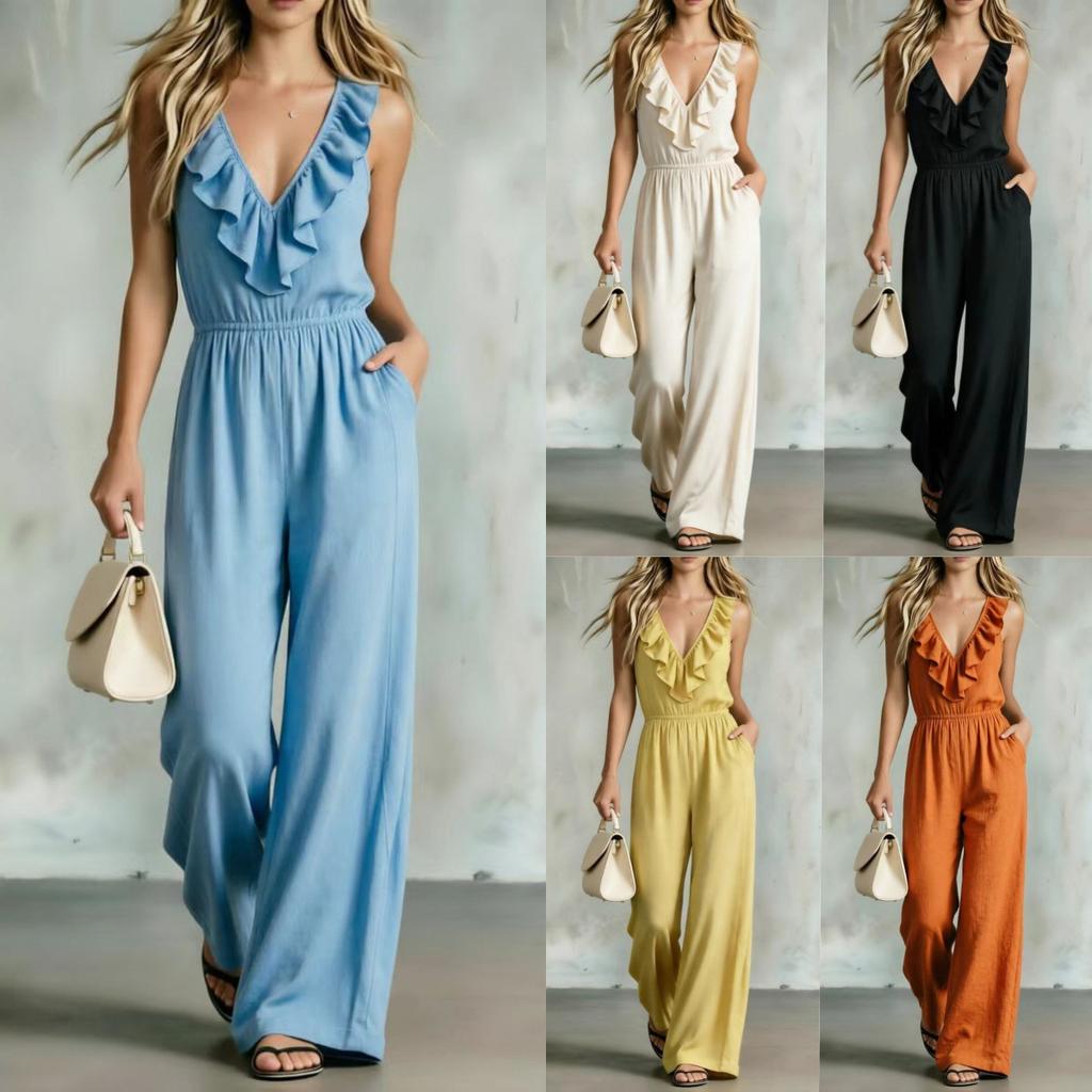 2026 European and American cross-border Amazon's new ruffle edge V-neck temperament fashionable and elegant slim women's jumpsuit