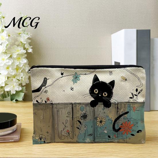 Leak-proof Storage Pouch Cat Printed Bag, with Smooth Zipper, Thickened Polyester Black Zipper Bag Makeup Multipurpose Pencil Case Travel Toiletry