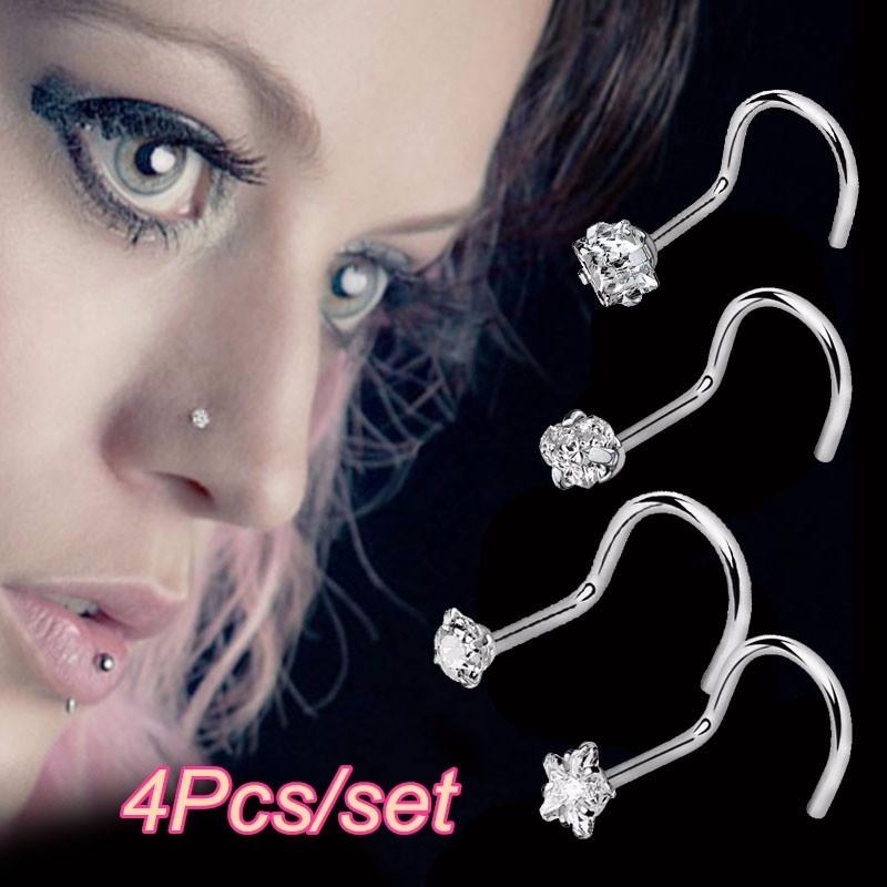4 Pcs/set Diamond Nose Studs Stainless Steel Rhinestones Nose Piercing Rings for Women ARI