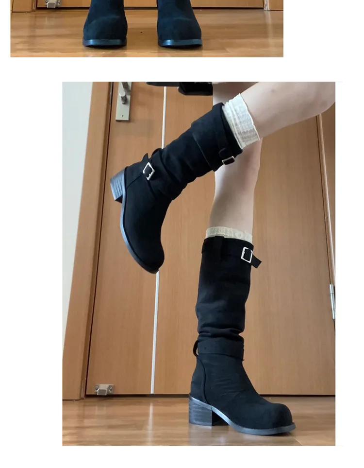 Fashion Women Vintage Pile Western Cowboy Boots Spring Autumn Long Boots Women Round Toe Slip On Knee High Casual Platform Botas Mujer