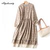 Mori Girl Spring Autumn Women Retro Dress Stand Collar Blue Apricot Coffee Floral Print Dress Cotton Linen Vintage Loose Midi Dress