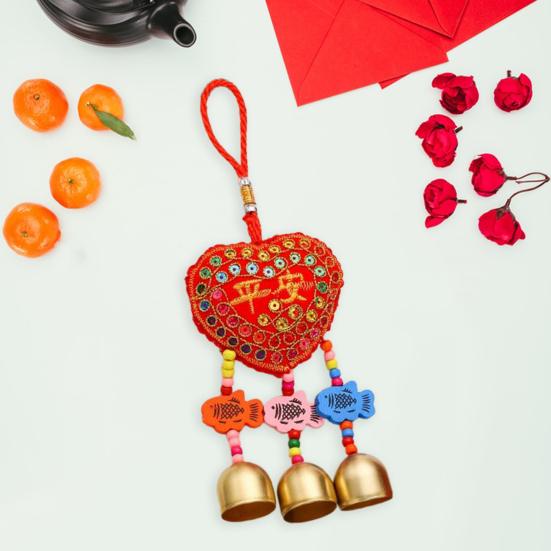 Spring Festival Wind Chimes Sachet Car Pendant Vibrant Color Embroidery Pattern Metal Bell Wind Chimes Hanging Decor