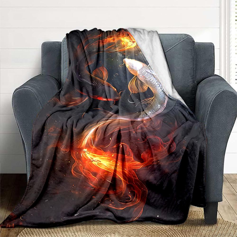 1pc Koi Fish Yin Yang Blanket, Lightweight Flannel Throw For Sofa, Bed, Travel, Camping, Livingroom, Office, Couch, Chair