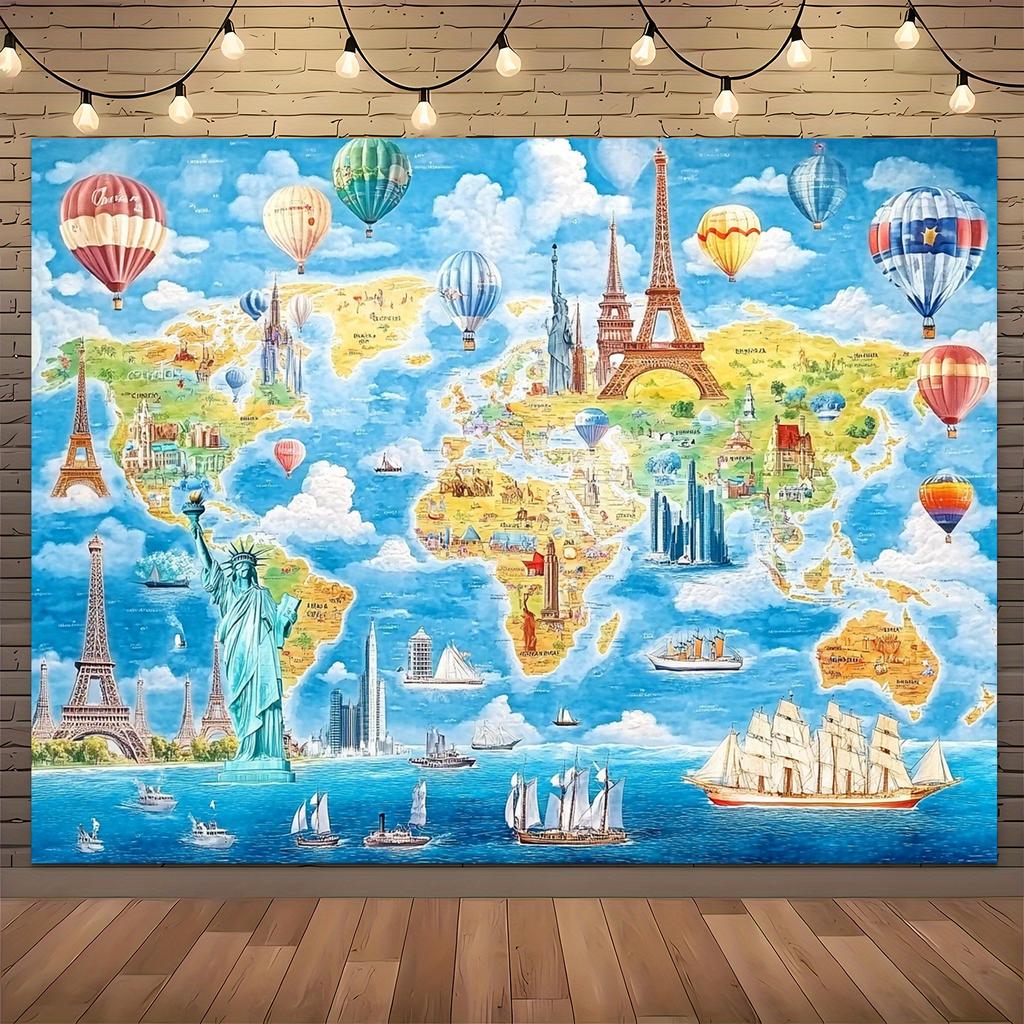 One world map hot air balloon famous landmark travel-themed background fabric. Hang a banner to decorate the photography studio.