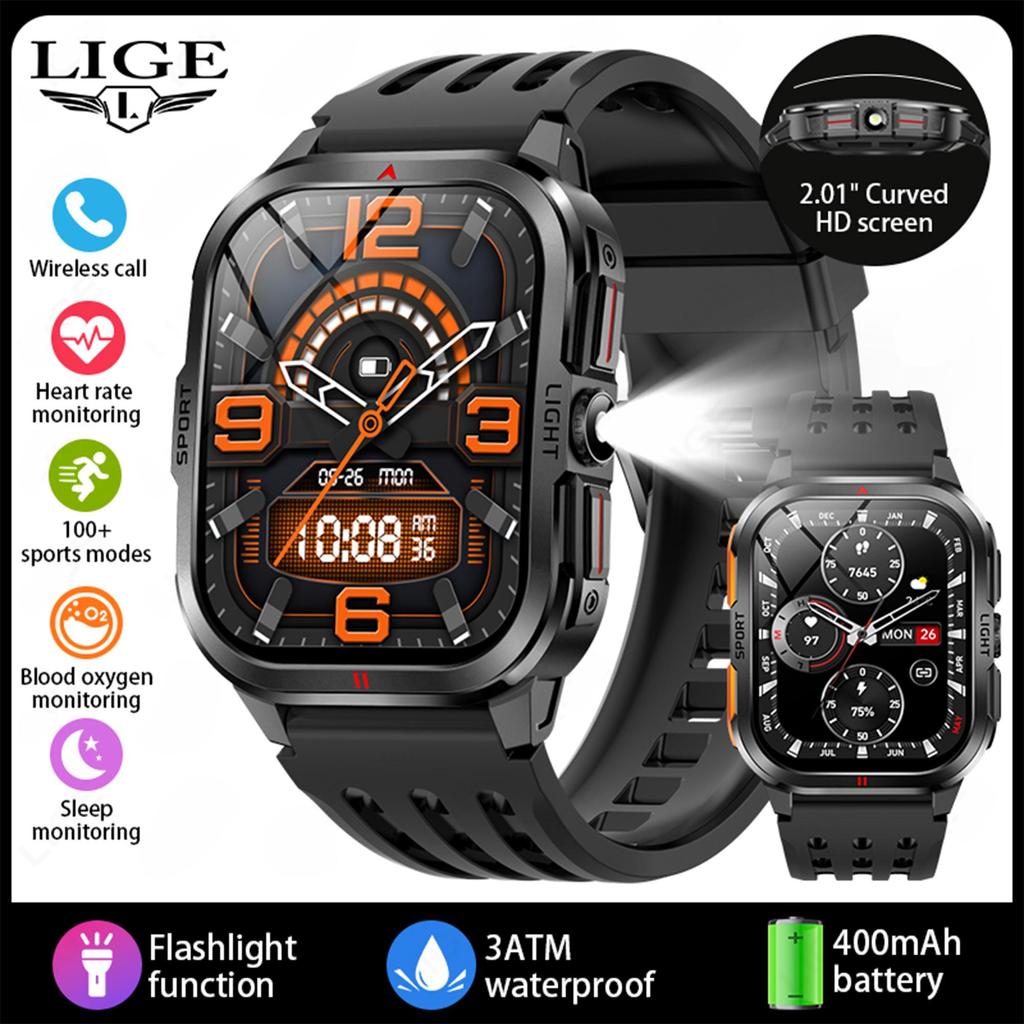 LIGE New Smart Watch 2.01-inch Curved Screen Bluetooth Call Outdoor Sports Waterproof Men's Smart Watch