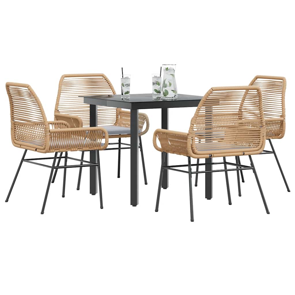 5 Piece Outdoor Dining Set with Cushions Brown Poly Rattan Glass Table