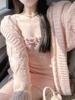 Pink French Vintage Two Piece Set Women Warm Japanese Sweet Knitted Dress Suit Female Elegant Bow Korean Fashion Ruched Set 2024