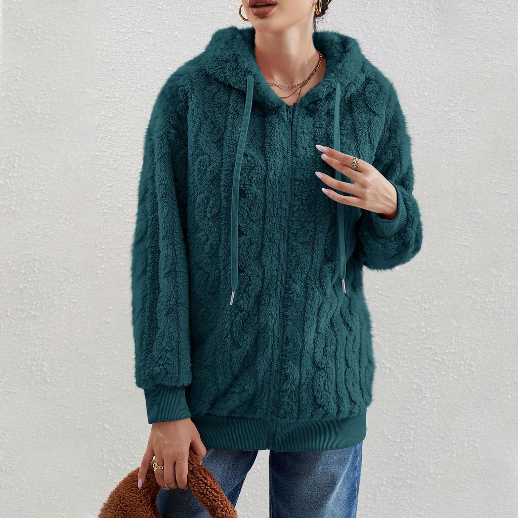 Women's Fashion Long Sleeve Solid Color Pocket Plush Cardigan Hooded Zipper Sweatshirt Jacket