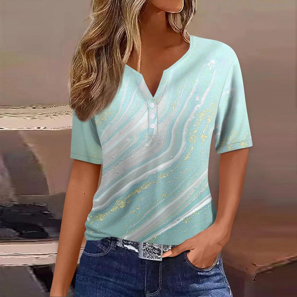 Women's Fashion Casual T-Shirt V-Neck Short Sleeve Gradient Printed Button Top
