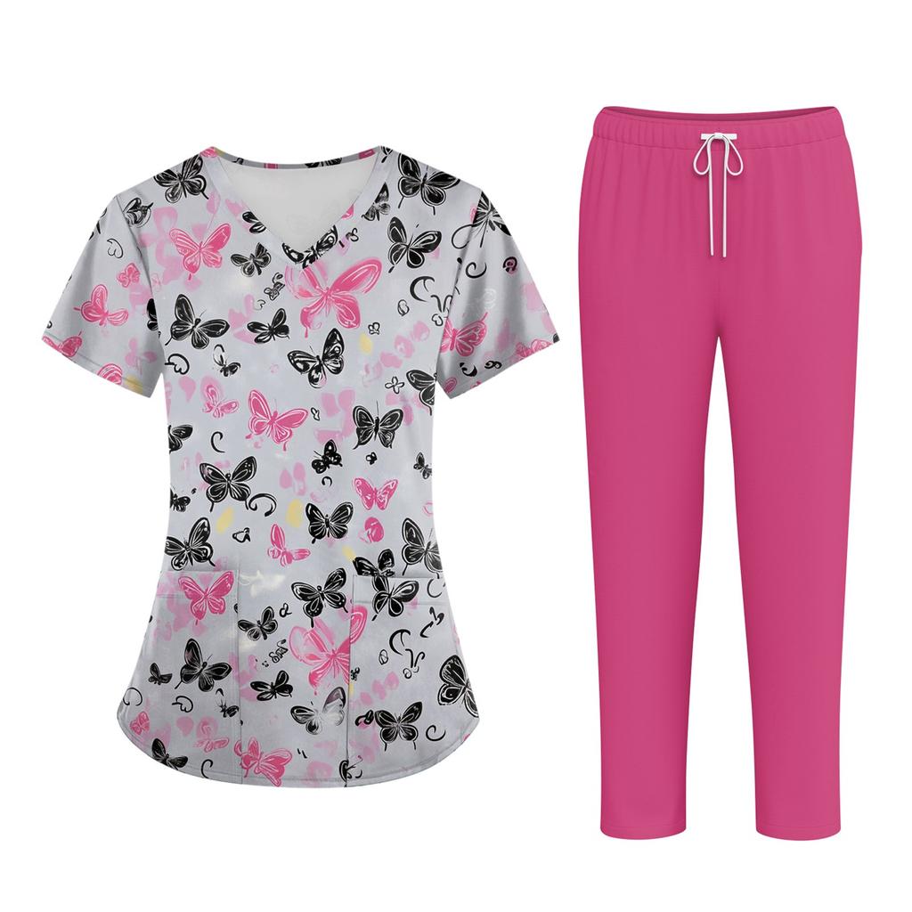 Плюс размерСкраб с принтом Рабочая форма Топы для женщин Крест V-образным вырезом Хэллоуин Принт с короткими рукавами Забавные футболки Спецодежда Футболка с карманами