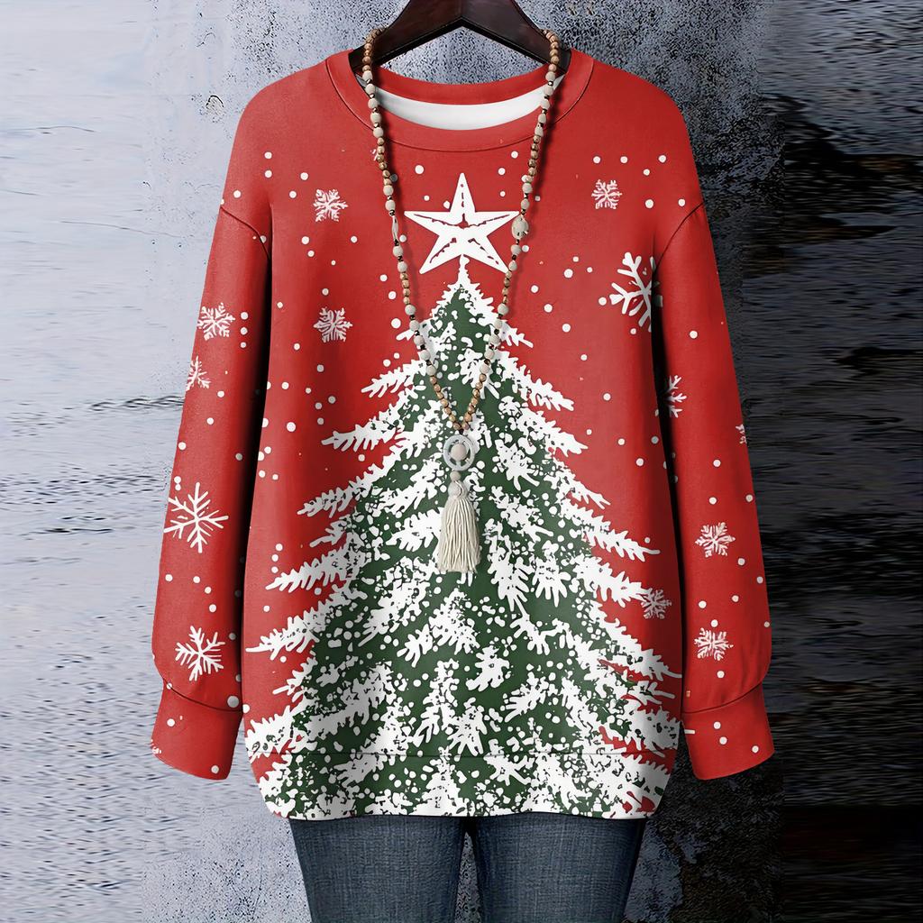 Ladies' Christmas Printed Round Neck Long Sleeved T-shirt Sweatshirt Top