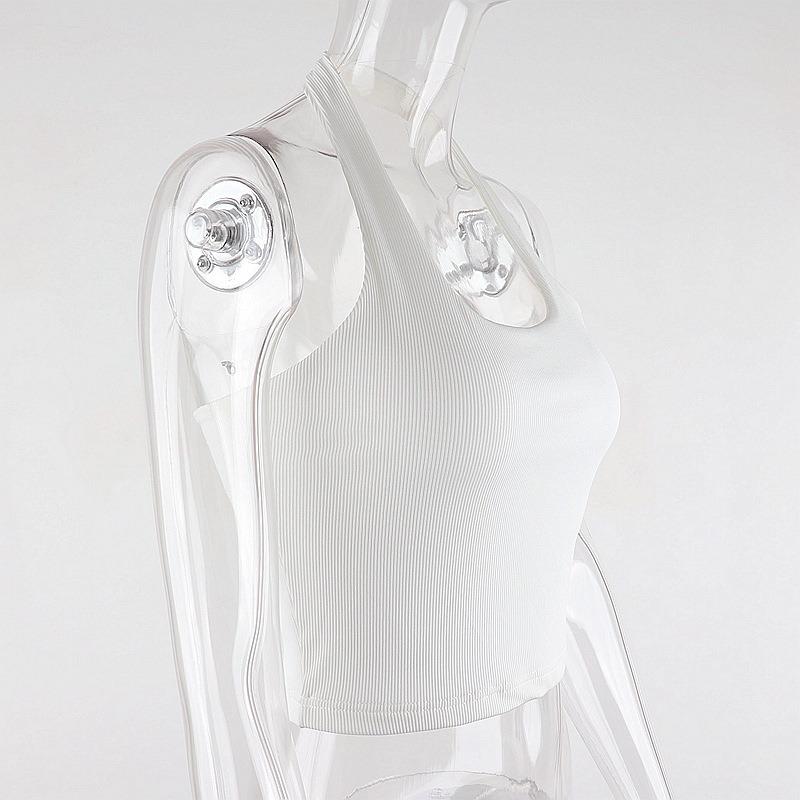 Летние новые сексуальные укороченные топы без рукавов для женщин с бретелькой через шею и открытой спиной, облегающие базовые топы, женские жилеты, модные ребристые однотонные женские повседневные майки 24683