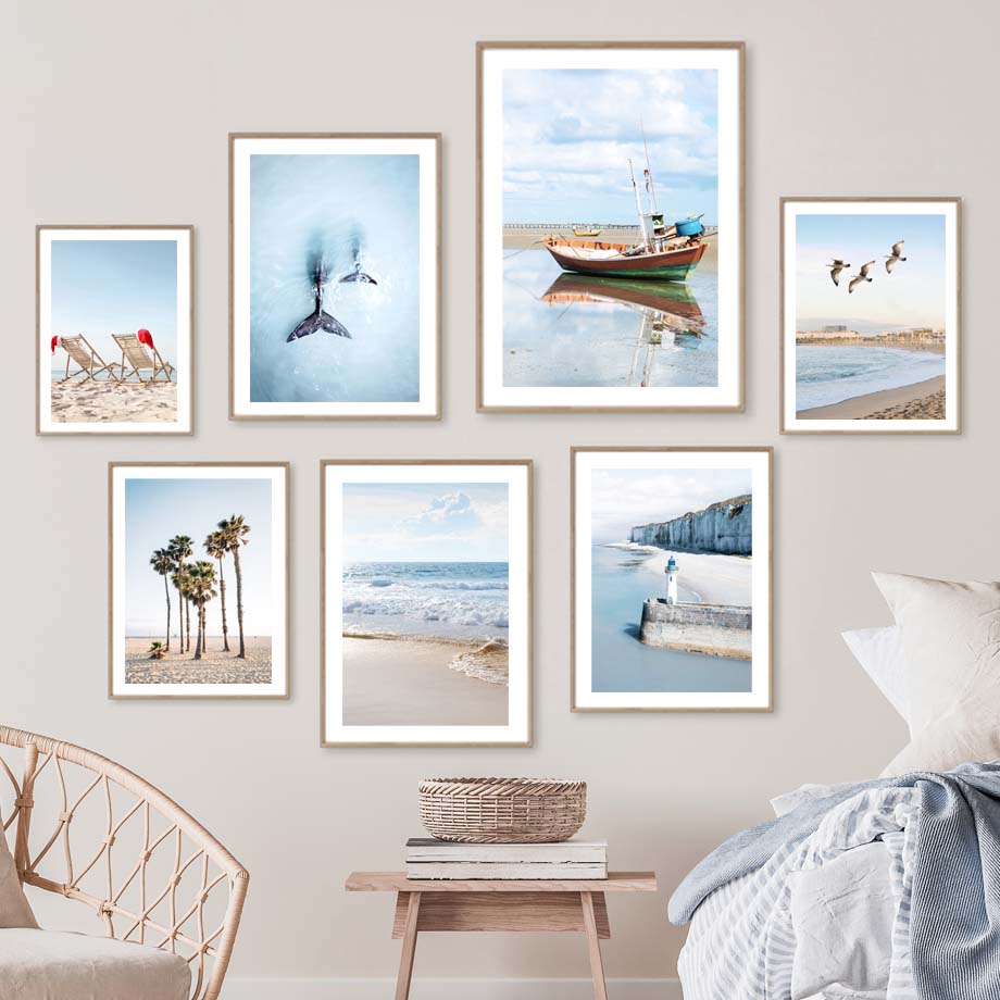 Береговая линия Пляжный стул Маяк Хвост кита Плакаты и принты Картина на холсте Скандинавское настенное искусство Картины Гостиная Домашний декор