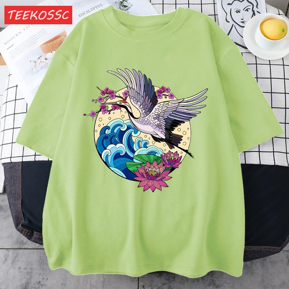Cranes Enjoy Blooming Flowers Men T Shirts Vintage Fashion Soft Short Sleeve Summer Comfortable TShirt Unisex Cotton Loose Top