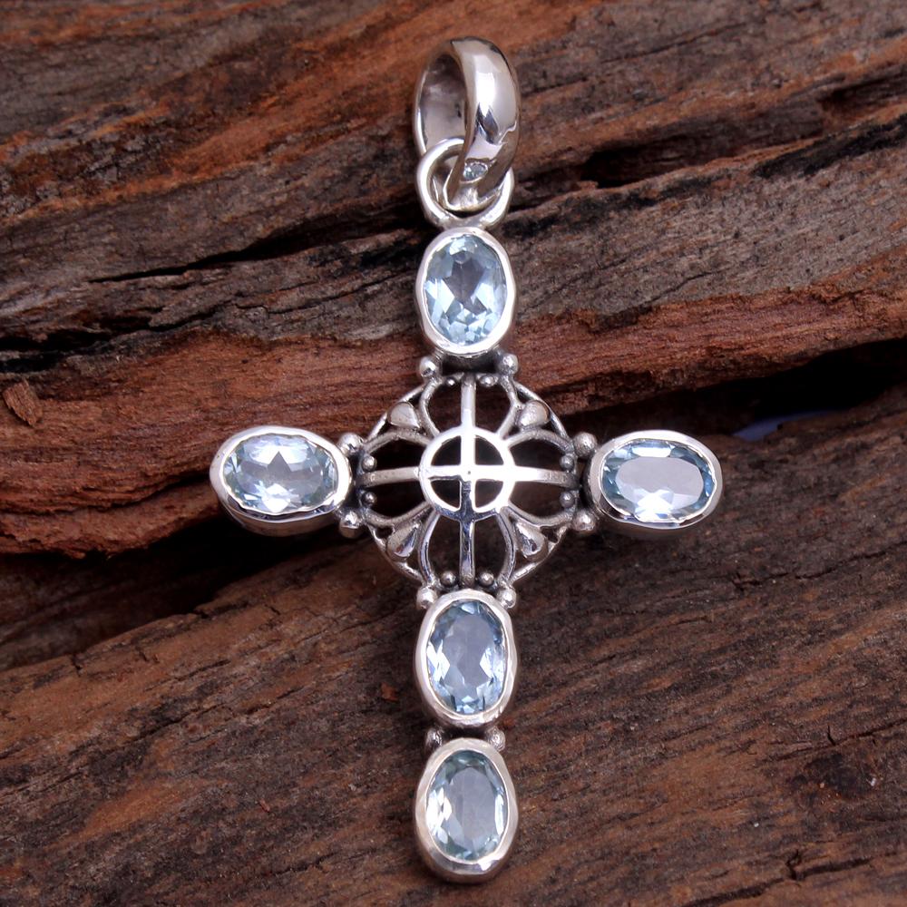 Ювелирные изделия ручной работы из стерлингового серебра 925 пробы, кулон Рейки, серебряный кулон с голубым топазом, кулон унисекс, кулон в виде креста, духовные украшения