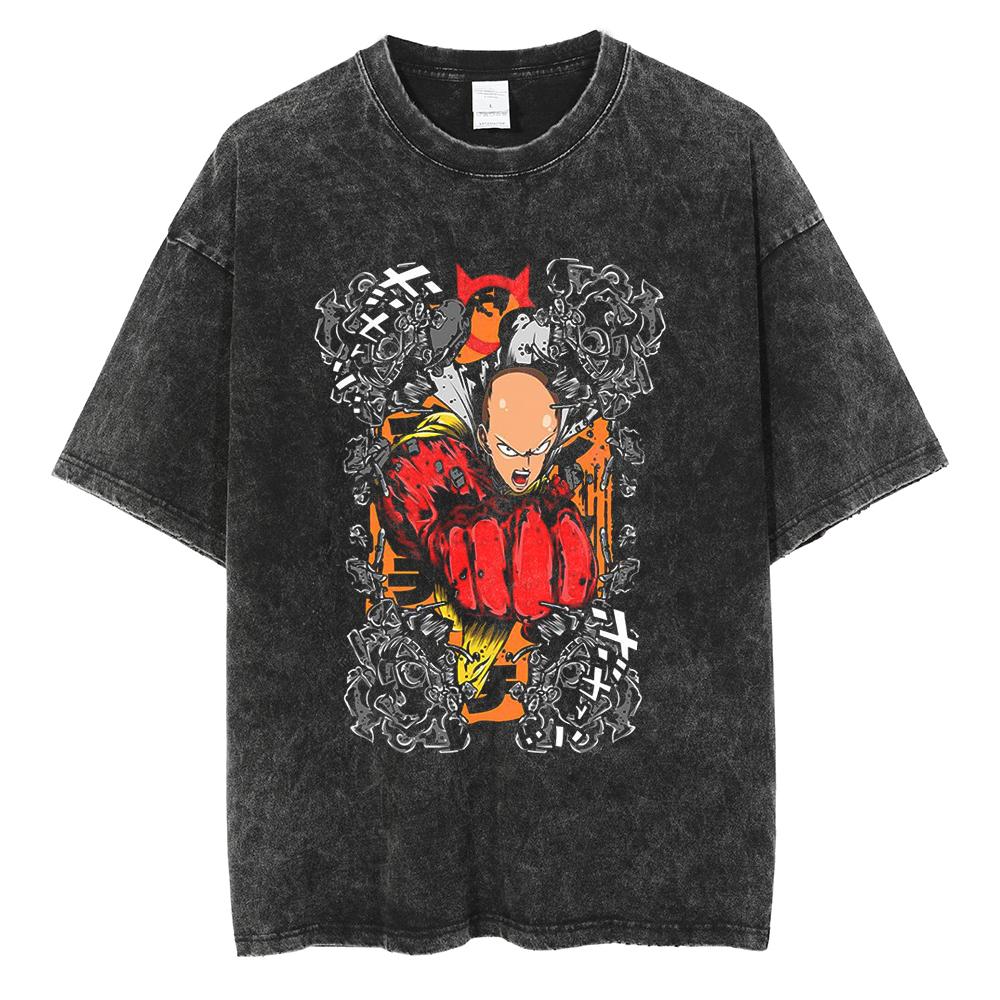 Аниме ONE PUNCH-MAN Сайтама Футболка с принтом Мужская Женская Футболки из стираного хлопка Футболка оверсайз Харадзюку Мужская Манга Винтажная футболка