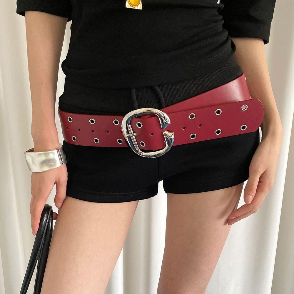 Vintage Leather Waistband Double-Row Hole Punk Style Belt Adjustable Women Wide Belt Men