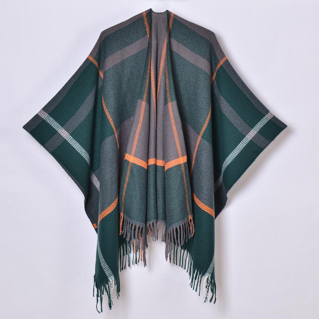 Classic Line Plaid Shawl, New Autumn and Winter Women's Thickened Knitted Cardigan Cape