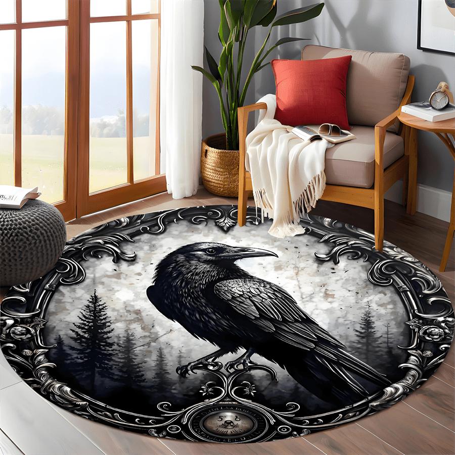 Circular Raven Mystical ForestPattern Round Shape Floor Mats Kitchen Hallway Runner Rug Bedroom Living Room Soft Carpet Non-slip Area Rug