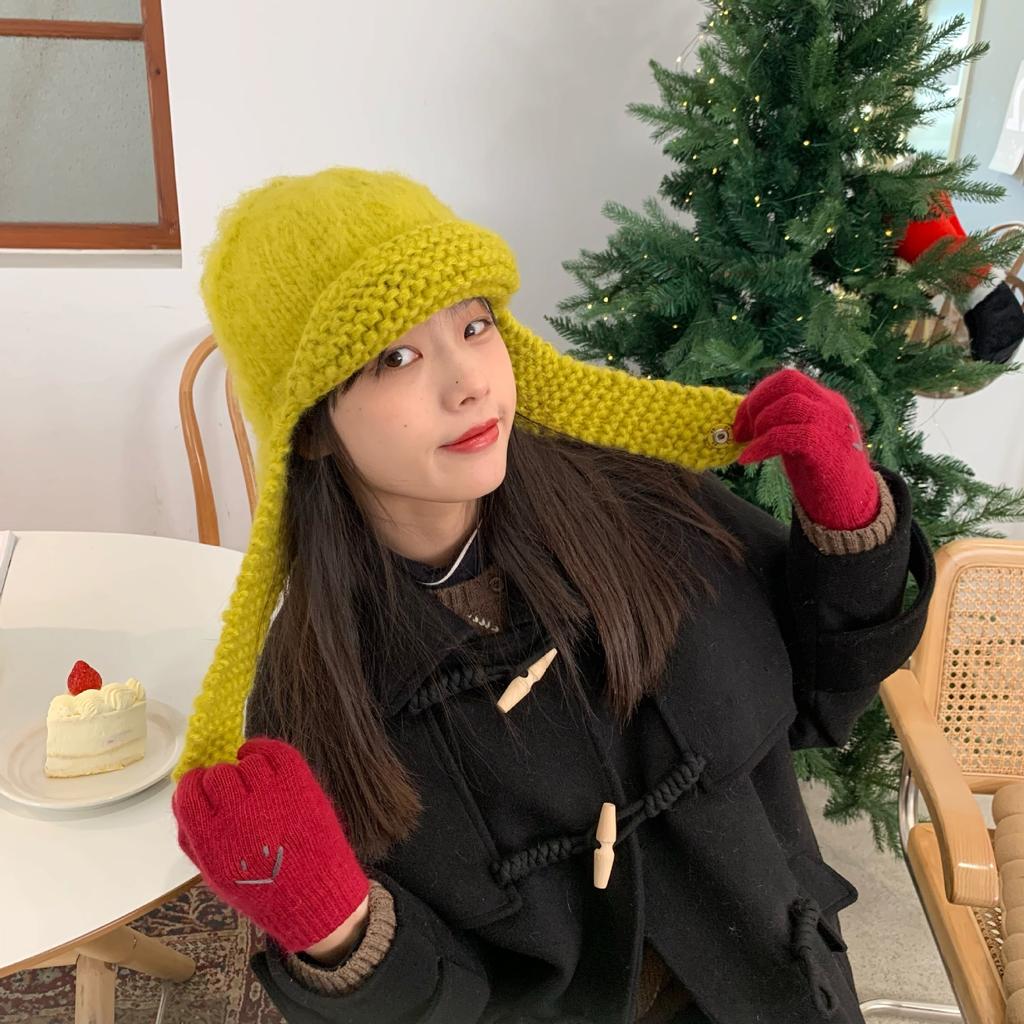 Korean Version of Knitted Flying Hat for Women Showing Their Faces Small Warm Ear Protection Wool Hats Autumn and Winter Lei Feng Hat Trend