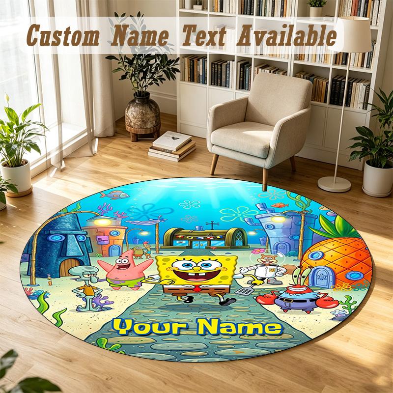 Round Rug Custom NameSpongeBob Pattern Non Slip Carpet Home Floor Decor