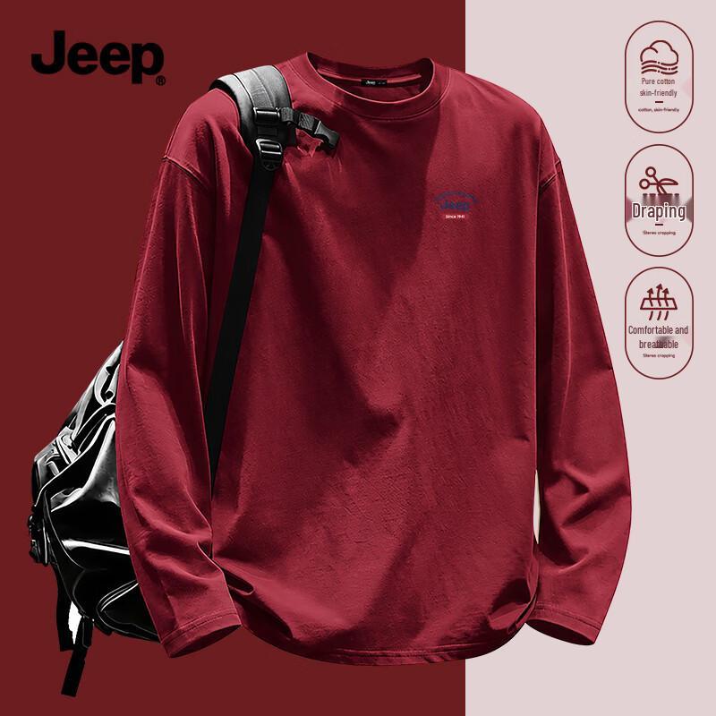 Jeep Мужская плотная хлопковая футболка с длинным рукавом и круглым вырезом, 220 г/м²