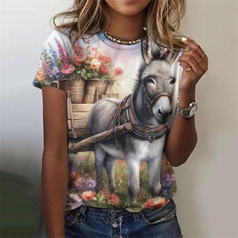 Милая футболка с рисунком коровы и осла для женщин, футболки с 3D-принтом и цветами, модные уличные футболки с круглым вырезом и коротким рукавом