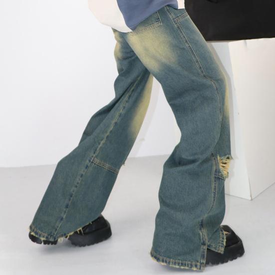 Мужские повседневные джинсы в стиле ретро со средней посадкой и карманами, широкие длинные джинсовые брюки в стиле хип-хоп, рваные джинсы, потертые джинсы