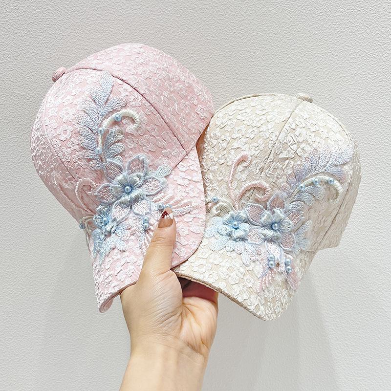 Летняя тонкая кружевная шляпа с язычком утки, женская вышитая цветочная сетчатая дышащая бейсболка корейского выпуска с защитой от солнца, солнцезащитная шляпа с цветком