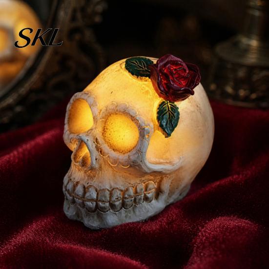 Halloween Mood Lighting Gothic Light Up Skull Rose Flower Figurine, Day of Dead Resin Durable Statue, Spooky Skeleton Head Lamp for Desk Home