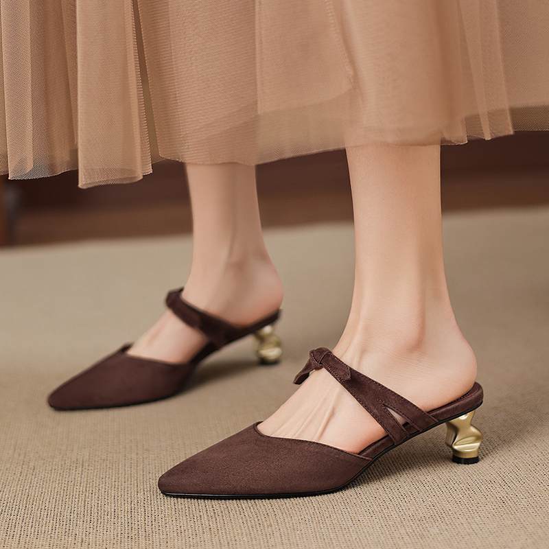 Krazing Pot Suede Butterfly-knot Mules Strange Style Med Heels Summer Size 42 Pointed Toe Slip on Women Shallow Pumps