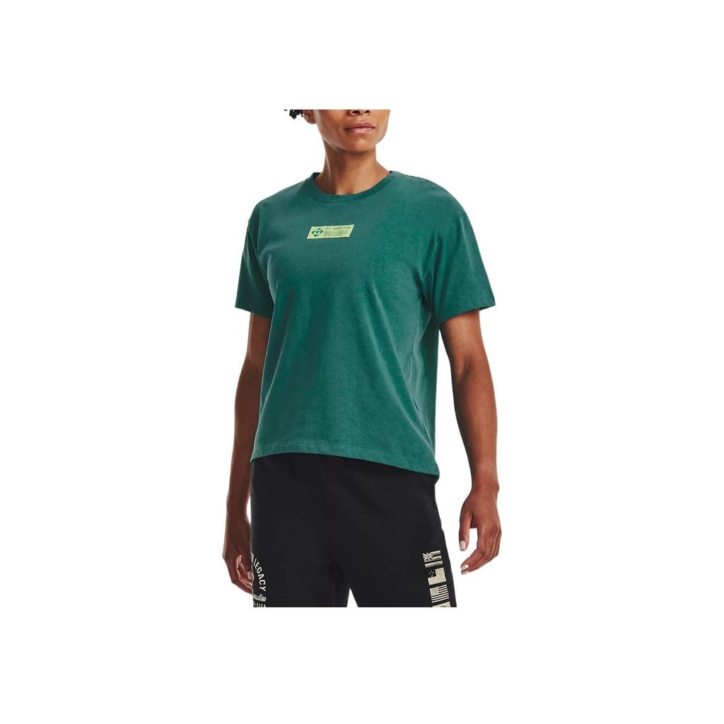 Under Armour Project Rock Logo Print Crew Neck T-Shirt Women Tops Aqua 1376917-722