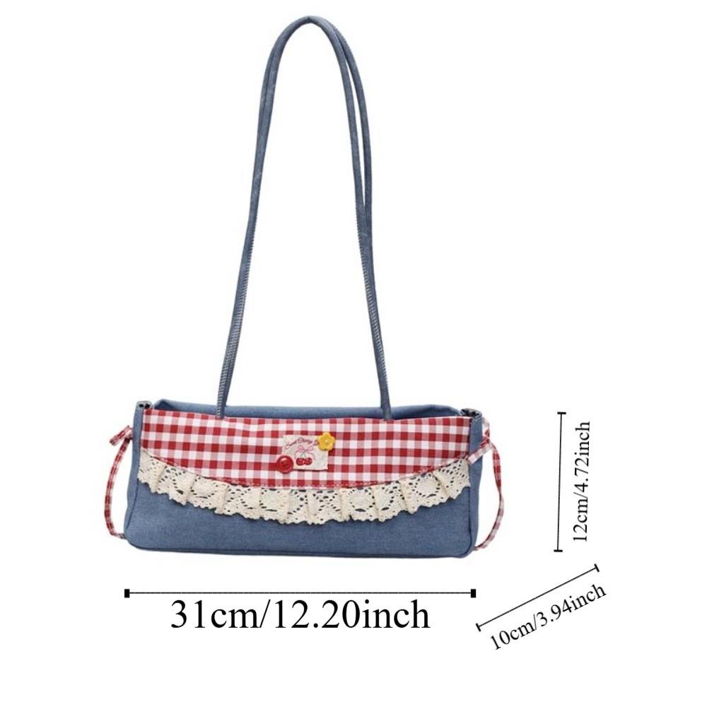 Black French Stick Handbag Denim Blue Cloth Underarm Bags Shopping Plaid Bow Shoulder Bag  Travel