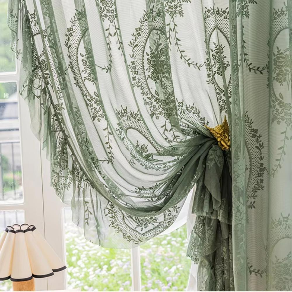 2 Pcs Retro Gauze Curtain Ruffled Edge Voile Curtain Home Decor French Lace Floral Curtain  Bedroom