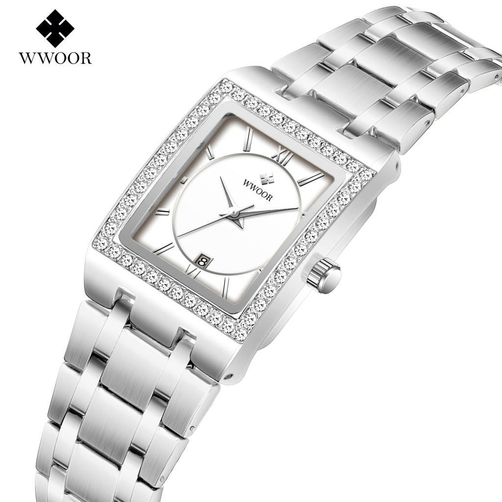 Wwoor Grip Love С Алмазом Водонепроницаемые Квадратные Стальной Ремешок Кварцевые Женские Часы Повседневные Модные Женские Часы 8858