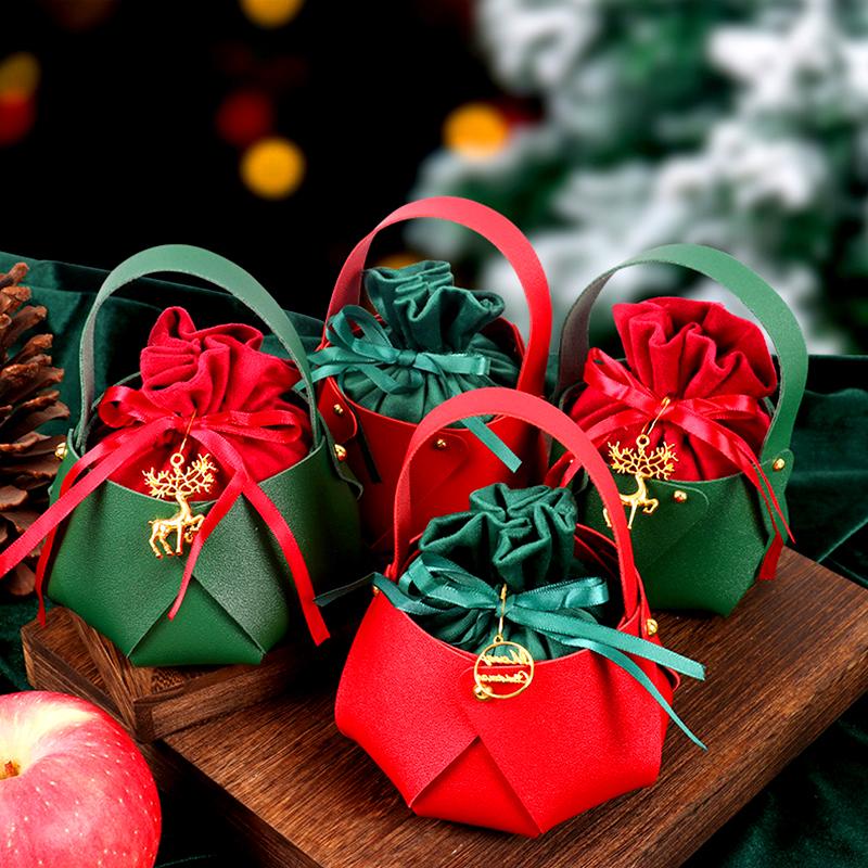 1 шт. Упаковка для яблок 2025 г., новогодний рождественский подарочный пакет, красная зеленая кожаная сумка с ручкой для конфет