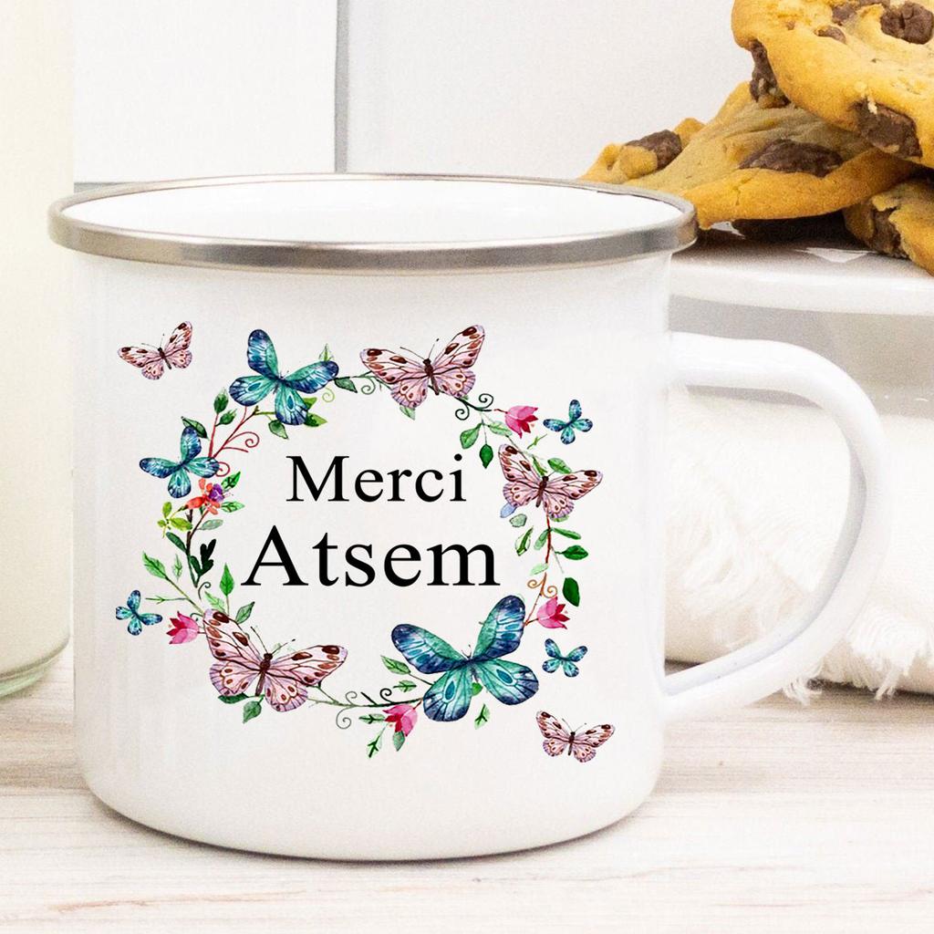Французский Спасибо Atsem Принт Эмалированные Кружки Креативная Кофейная Кружка Напиток Сок Молоко Чашки Школа Дом Ручка Посуда Подарки Учителю