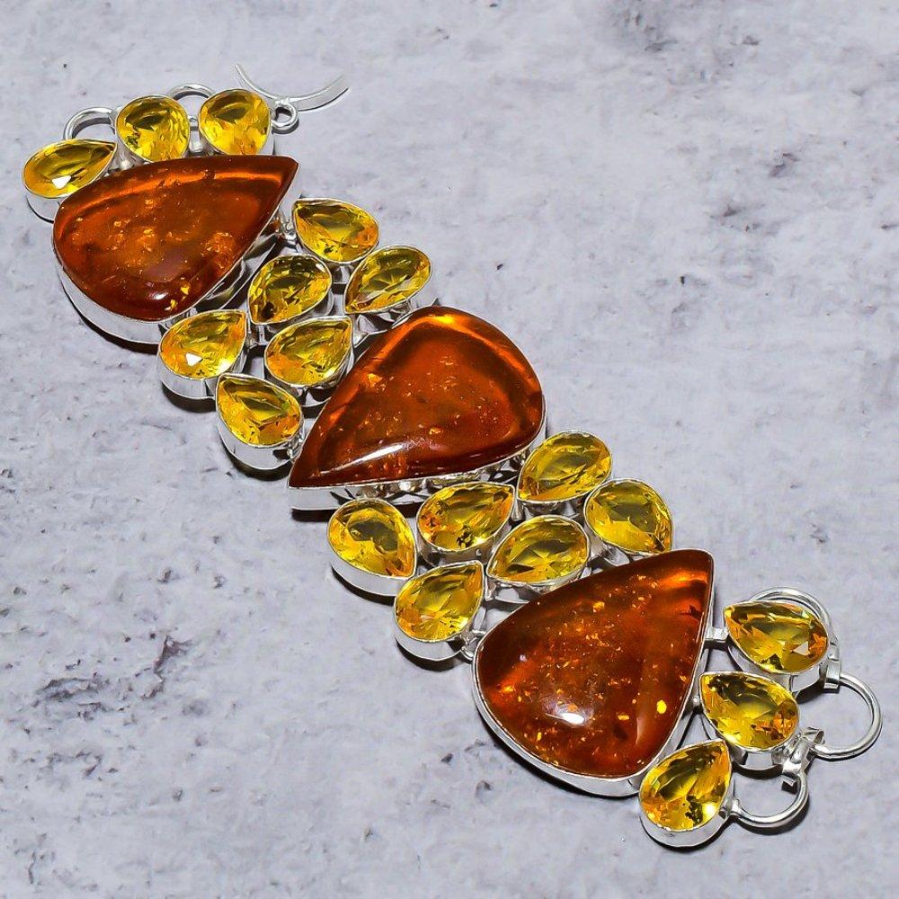 Baltic Amber, Citrine Handmade 925 Sterling Silver Bracelet 7-8" b6G22