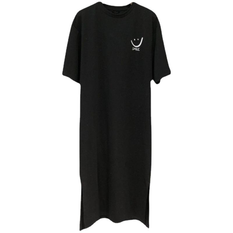 [2025 Лето] Женское платье-футболка из чистого хлопка с круглым вырезом и боковыми разрезами выше колена